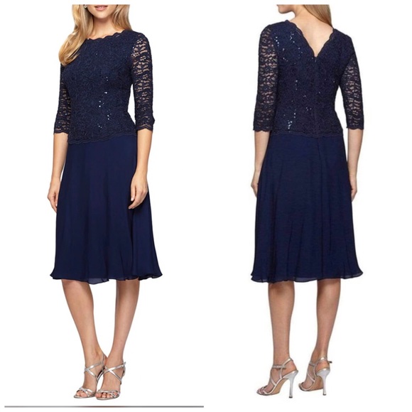 NWOT Alex Evenings Tea Length Dress with Sequin Bodice & Chiffon Skirt Navy 12 NWOT Alex Evenings Tea Length Dress with Sequin Bodice & Chiffon Skirt Navy 12